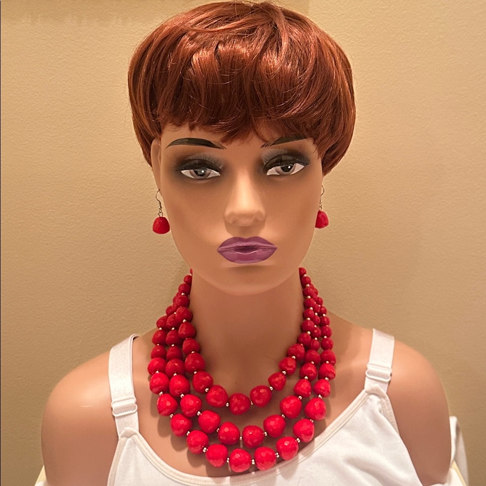 Red Beaded Statement Necklace and Earring Set